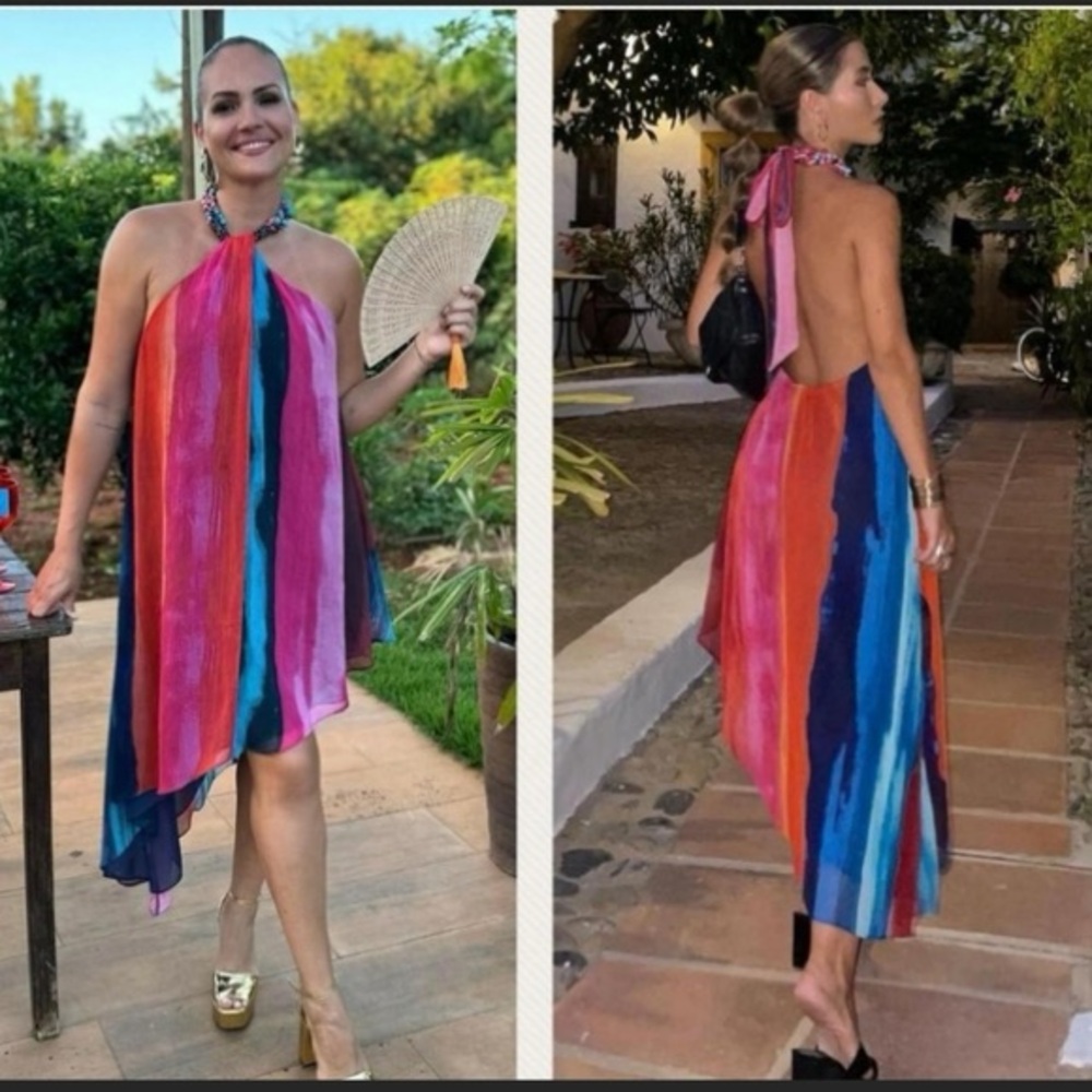 Zara Beaded Halter Multicolor Asymmetrical Dress